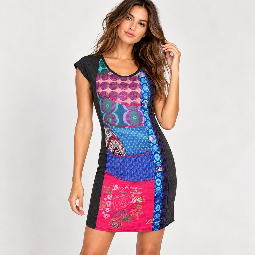 Desigual Patchwork Sheath Dress M Multicolor Embroidered Stretch Cap Sleeve